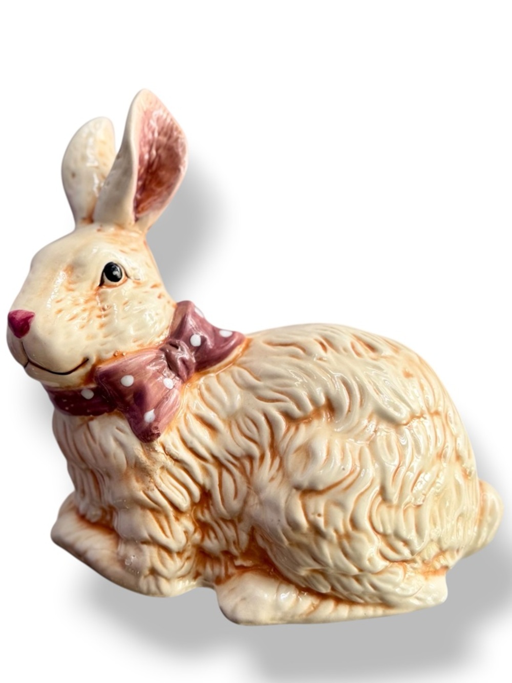 🐇VINTAGE 7” Cream Ceramic Bunny Rabbit 🐇 Mauve Pink Polka Dot Bow Spring Easter